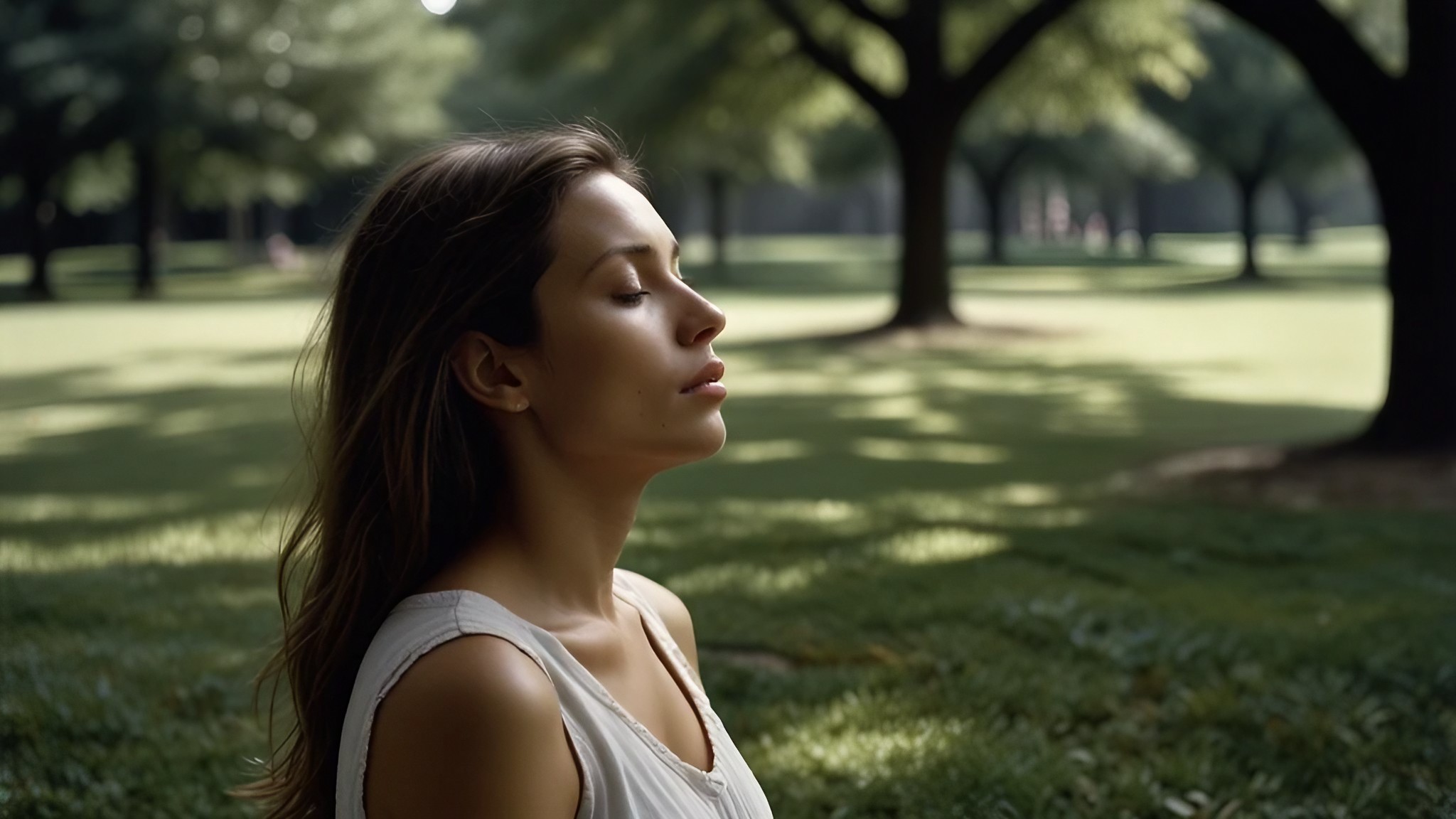 Individual practicing breathing exercises in a park